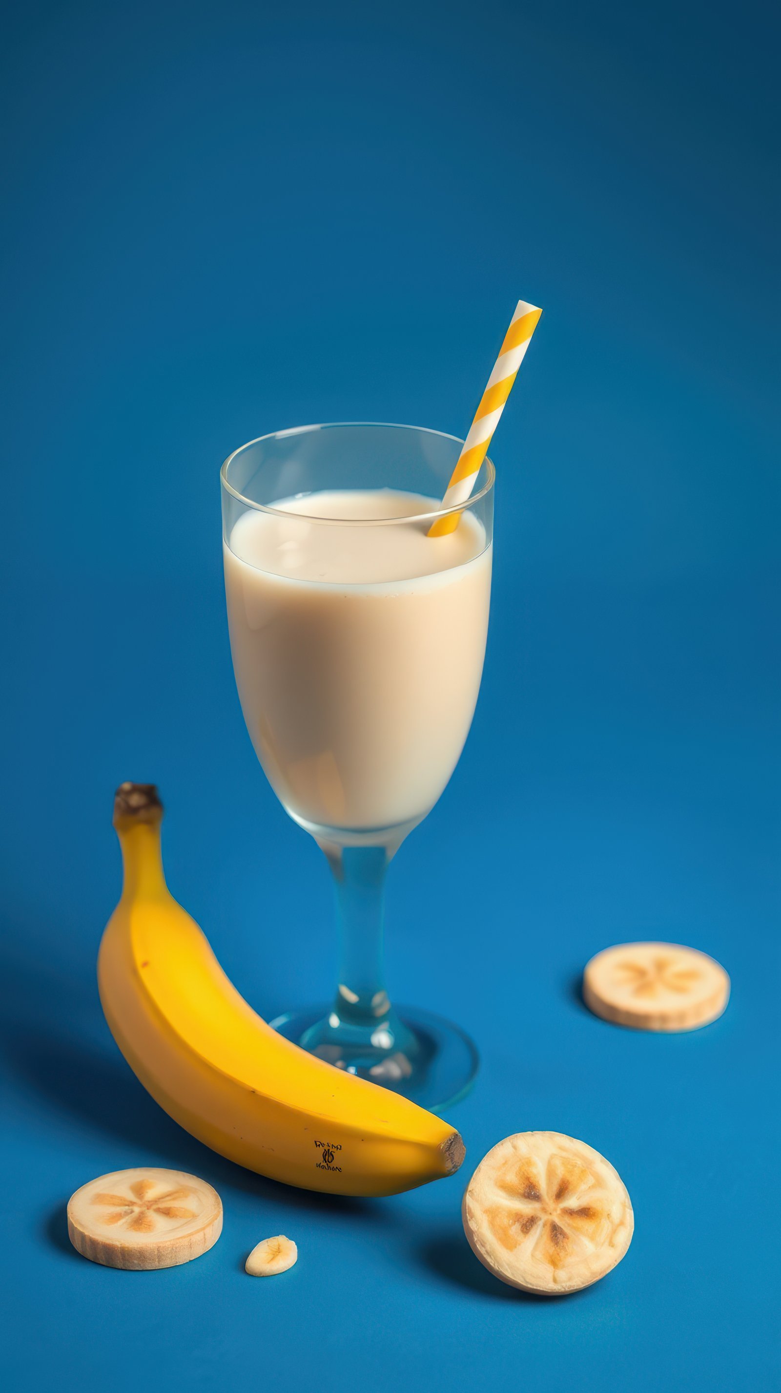 Delicious banana smoothie in a glass with playful straw and sliced bananas on bright blue background
